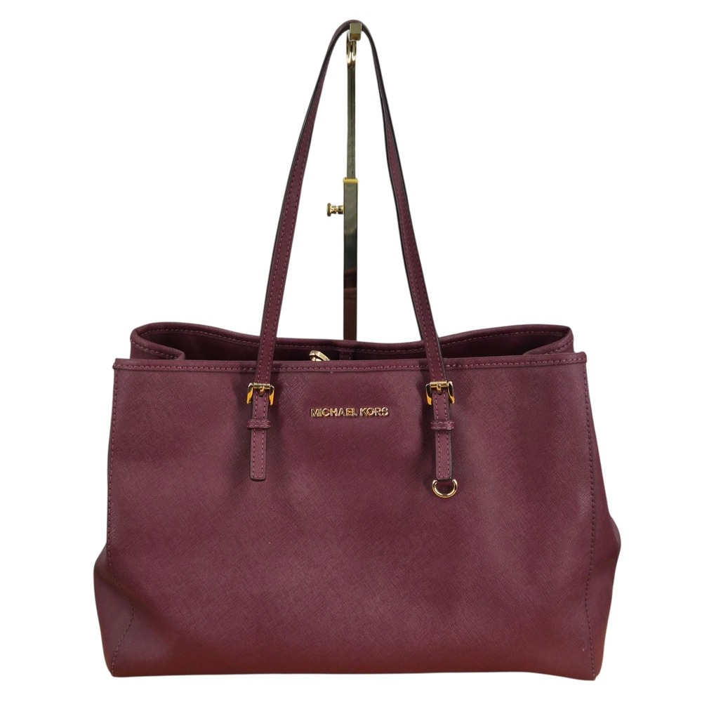 Michael Kors Plum Saffiano Leather Tote Bag Burgundy Gold Hardware Shoulder Bag - Picture 1 of 12